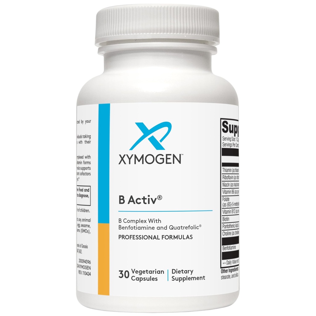 Xymogen ויטמין B Complex - B Activ - מופעל ויטמין B עם Benfotiamine ו Quatrefolic - תמיכה Adrenal ו Immune פונקציונלי + מערכת קרטון בריא ו Nervous (30 קפסולות)