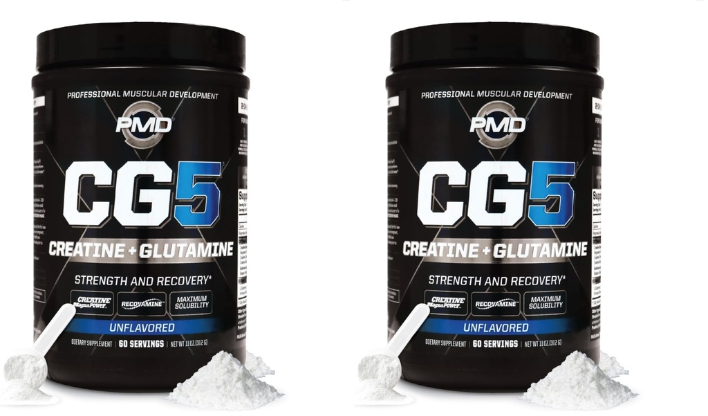 PMD ספורט CG5 Premium Creatine & L Glutamine אבקת, Power Recovery, Build Lean שריר, להגדיל את ביצועי העבודה, כוח מקסימלי טרום עבודה ופוסט עבודהout, Unflavored, 60 משרתים (Pack של 2)