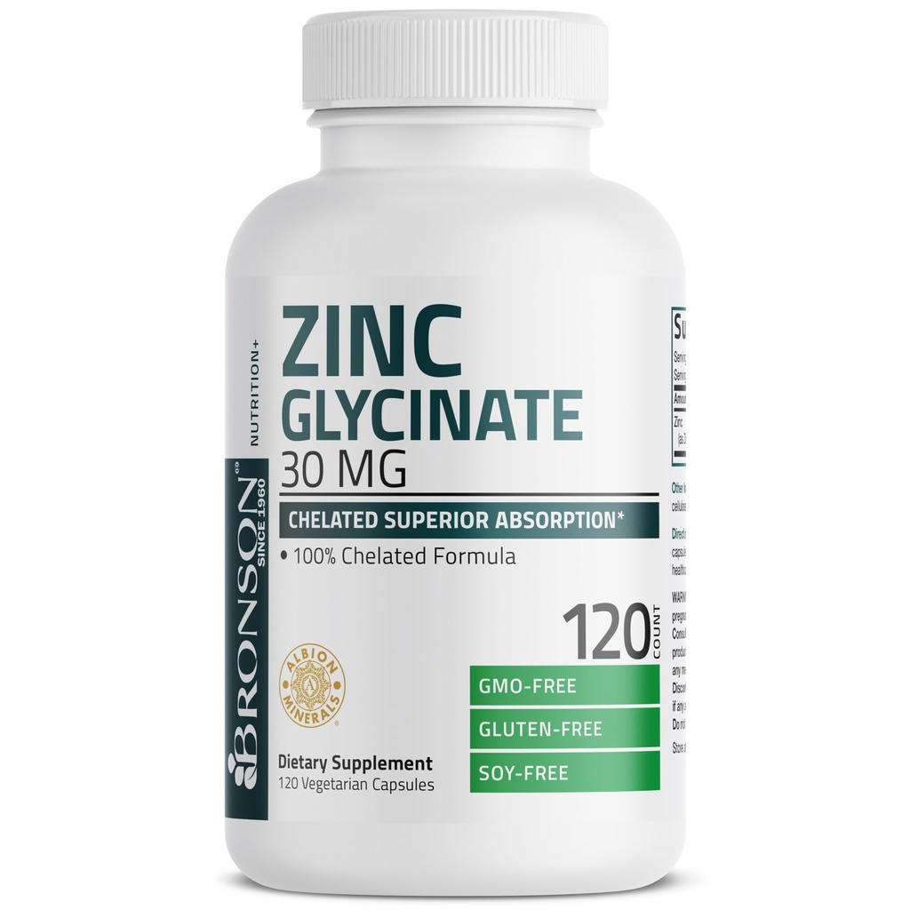 Bronson Zinc Glycinate 30 מ"ג Chalated העליון Absorption 100% Chelated Formula non-GMO, 120 קפסולות צמחוניות