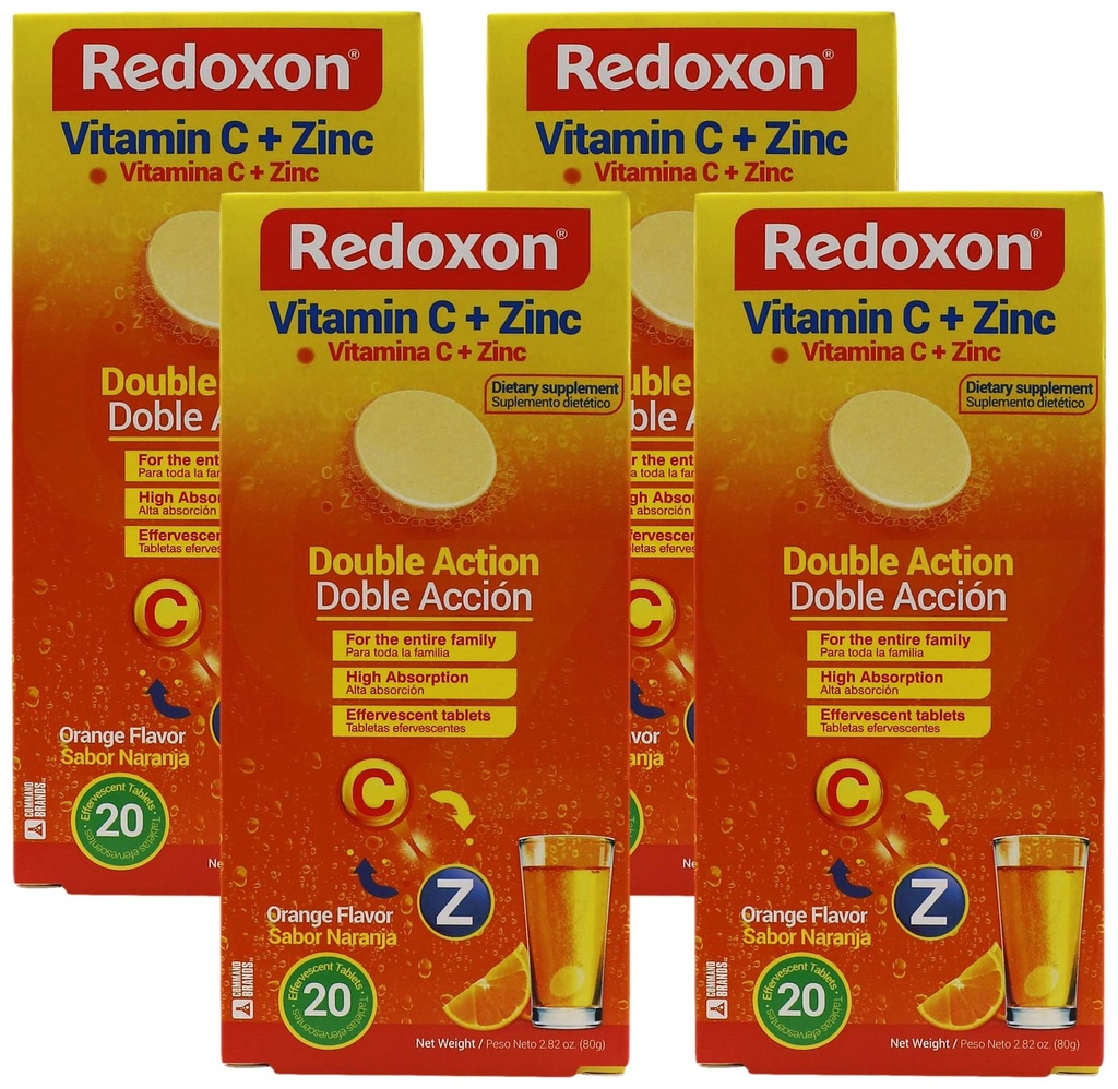 Redoxon ויטמין C + Zinc, Effervescent Tablets של ויטמין C ו- Zinc, מסייע לתמוך במערכת החיסון שלך, Orange Flavor, 20 טבליות Efferscent, 2.82 Oz Box (Pack of 4)