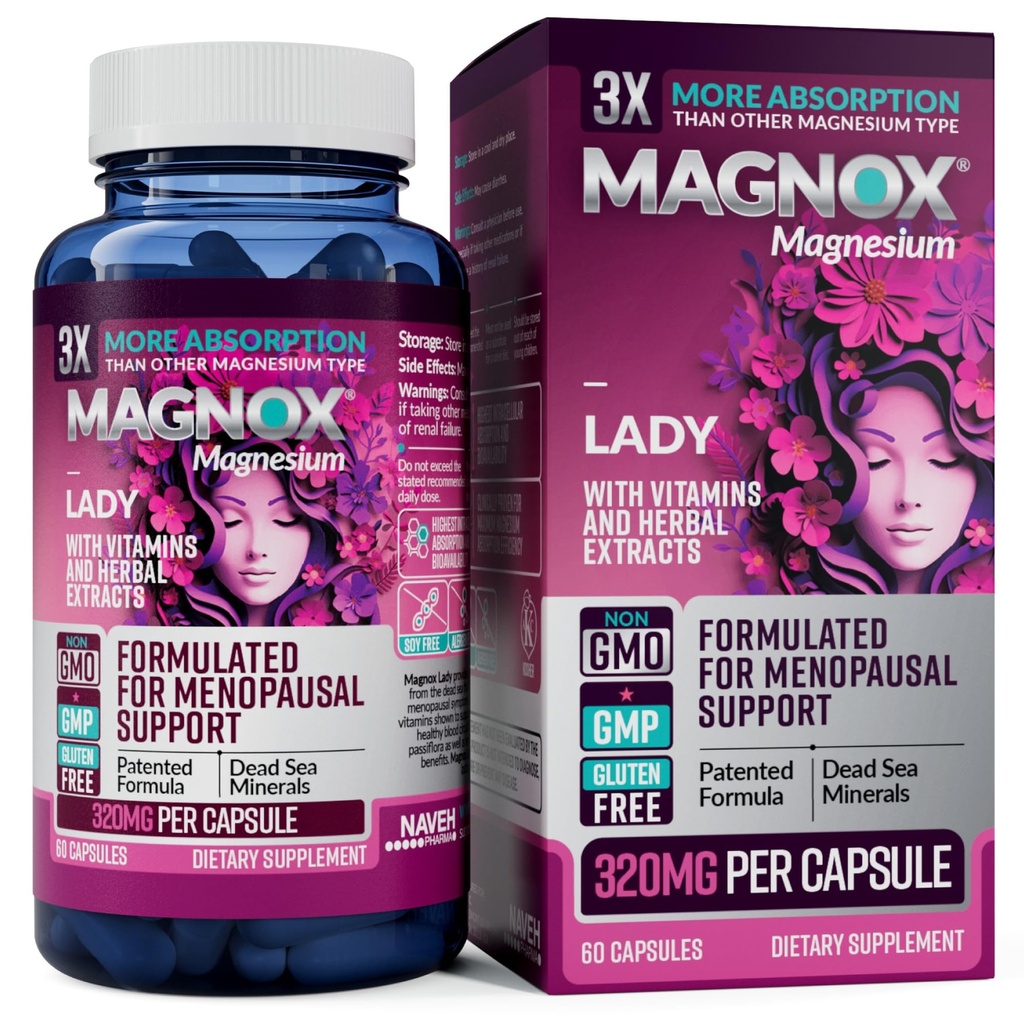 MAGNOX ליידי Magnesium תוסף | Menopause ו- PMS תמיכה תוספת לנשים | Magnesium Complex with ויטמין B6, B1, B12, D, Zinc | High-Absorption Dead Sea Magnesium | 60 קפסולות