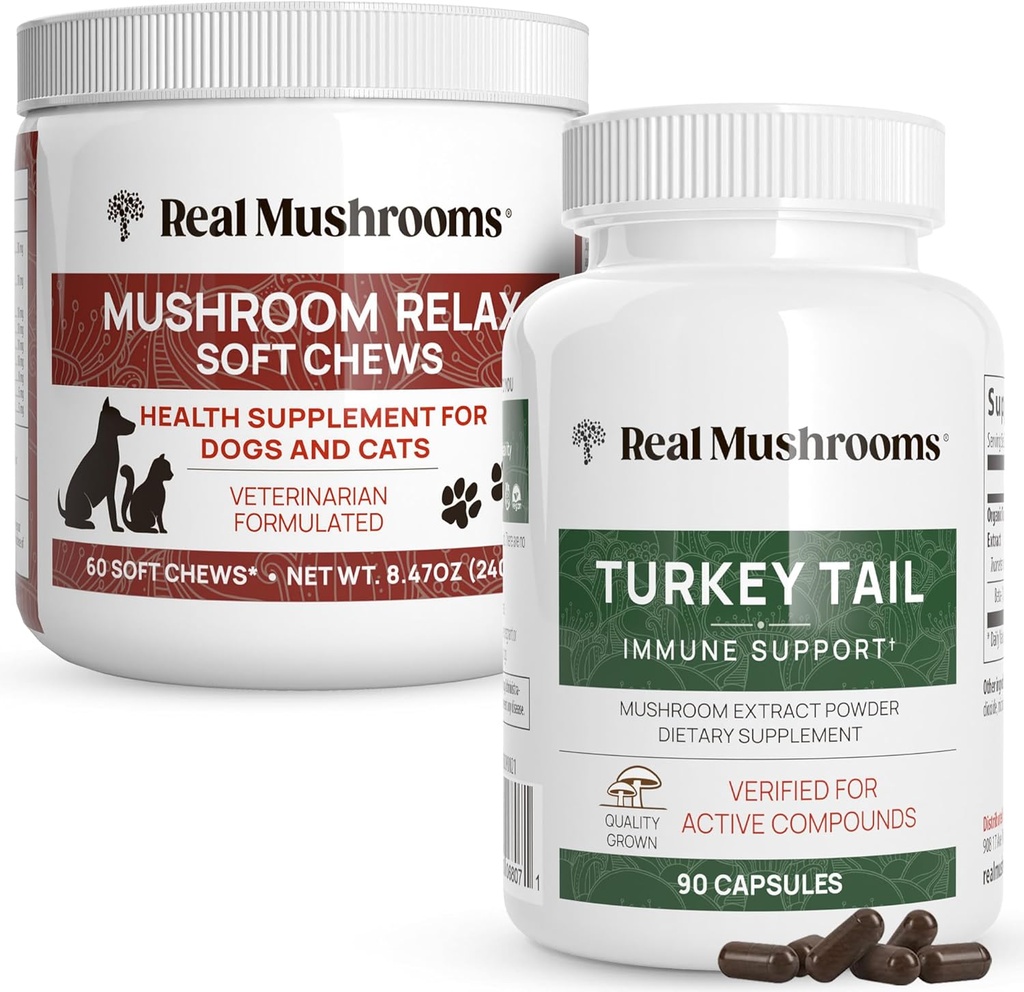 Real Mushrooms טורקיה Tail for Humans (90ct) & Mushroom Pet להירגע צ'אדות (60 Chews) - Bundle for Immunity &laxation - טבעוני, Non-GMO, Gluten-Free, Grain-Free Mushroom Extracts Supplements