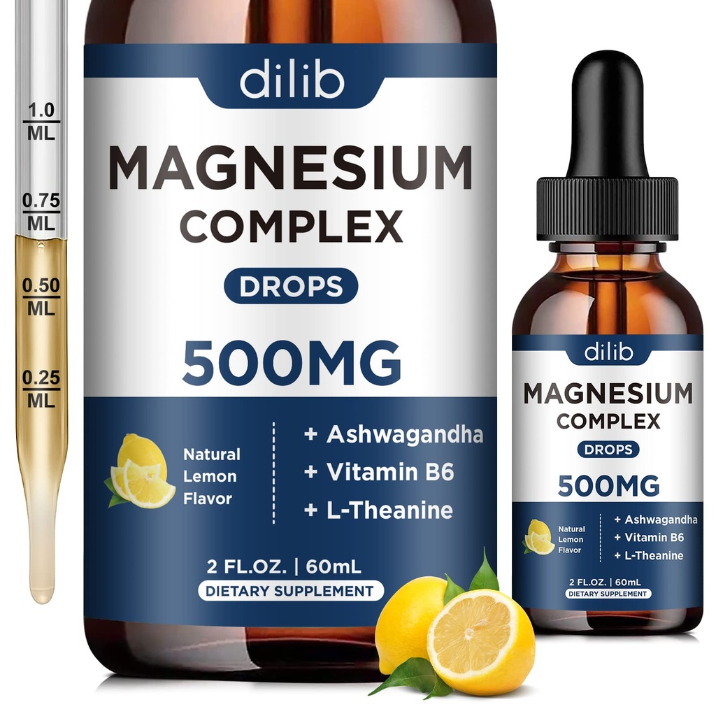 Magnesium Glycinate נוזל טיפות, תוספת משולש מגנזיום עם Citrate, Malate 500 מ"ג Ashwagandha, L-theanine, ויטמין B6 לשינה, Calm, הקלה מתח, עצם, שרירי, Mood - לימון פלמור