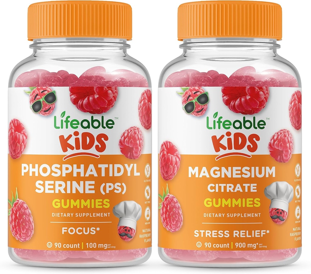 Lifeable Phosphatidylserine (PS) ילדים + Magnesium Kids,mies Bundle - Great Tasting, ויטמין תוסף, Gluten Free, GMO חינם, Chewable Gummymymymy