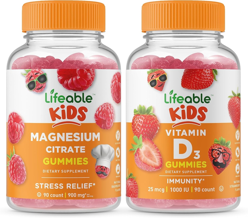Lifeable Magnesium Kids + ויטמין D ילדים, חניכיים בונדלה - גדול Tasting, ויטמין תוסף, Gluten Free, GMO חינם, Chewable Gummymymy