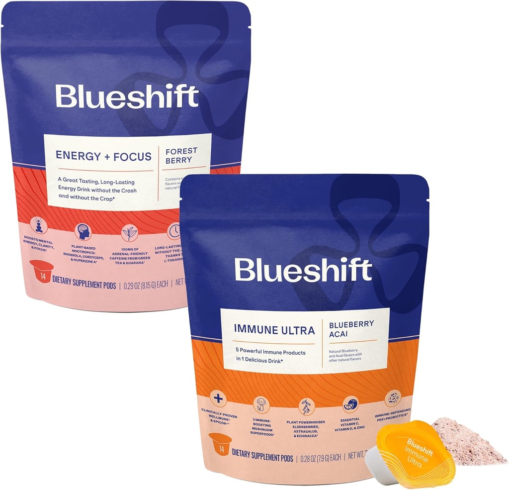 Blueshift Energy + Focus & Immune Ultra Bundle - Energy Drink Pods, Immune Supportאבק, שתיה תערובת עבור אנרגיה & Immune הגנה, ויטמין תוספת - אנרגיה + Focus (14 Pack) ו Immune Ultra (14 Pack)
