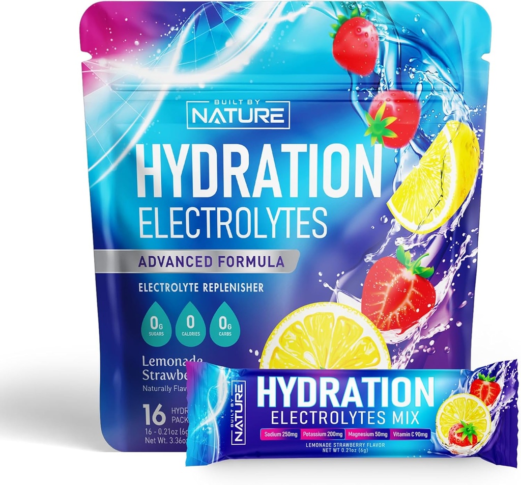 אלקטרוליטים אבקת hydrotion Packets - Recovery drink Mix with Sodium, Potassium, Magnesium, Calcium, ויטמין C & Zinc - Sugar Free, Keto, Non GMO & טבעוני - Strawberry Lemonade - 16 Stickss