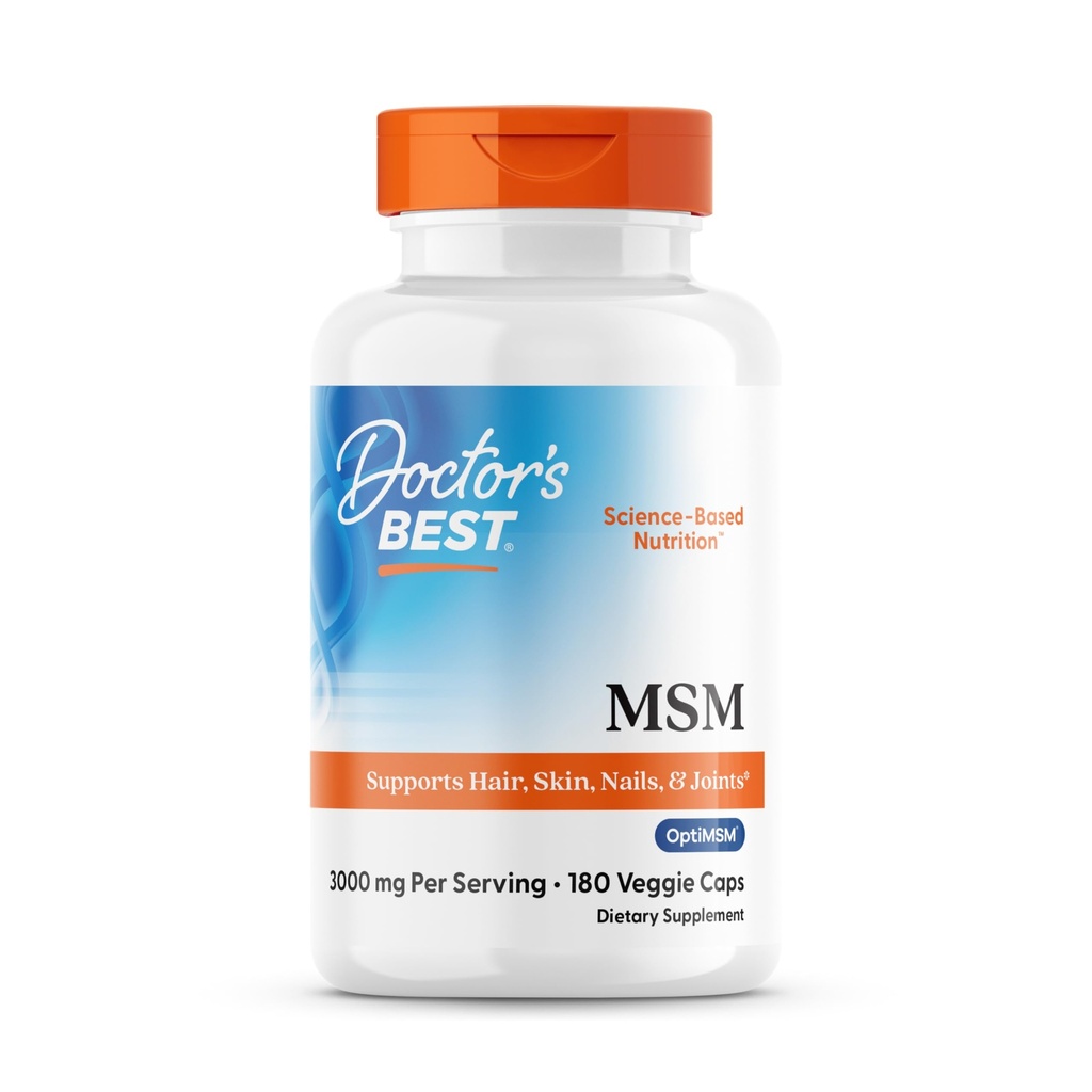 Doctor's Best MSM Supplement Capsules for Men & Women - Supports Hair, Skin, Nails, & Bone Health, Delivers Beneficial Sulfur with OptiMSM, Gluten Free, Non GMO - 180 Caps