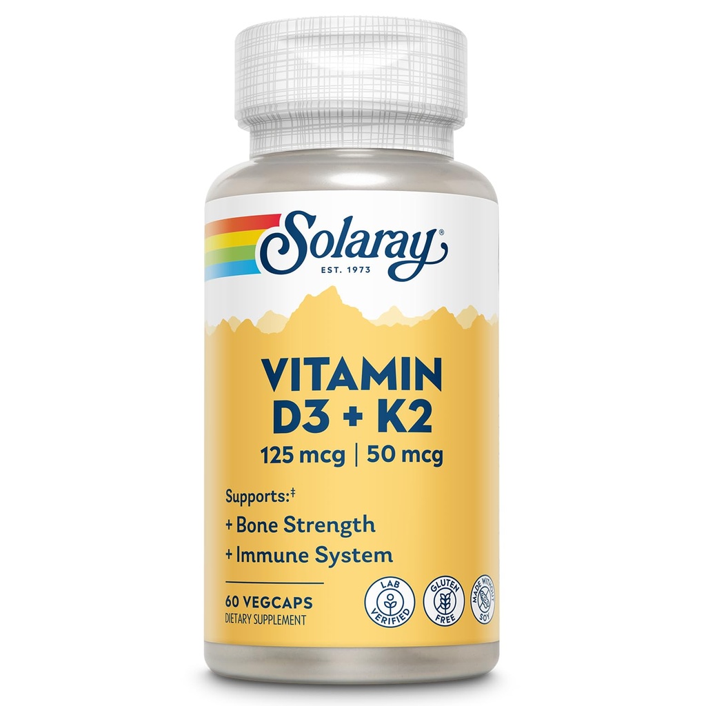 SOLAרי ויטמין D3 K2 - בריאות העצם ו- Immune תמיכה תוספת - עם 5000 IU ויטמין D כמו VIT D3 ו 50 mcg ויטמין K2 כמו Menoquinone MK7, Made Without Soy, 60 יום ערבות, 60 הגשה, 60 VegCaps 60