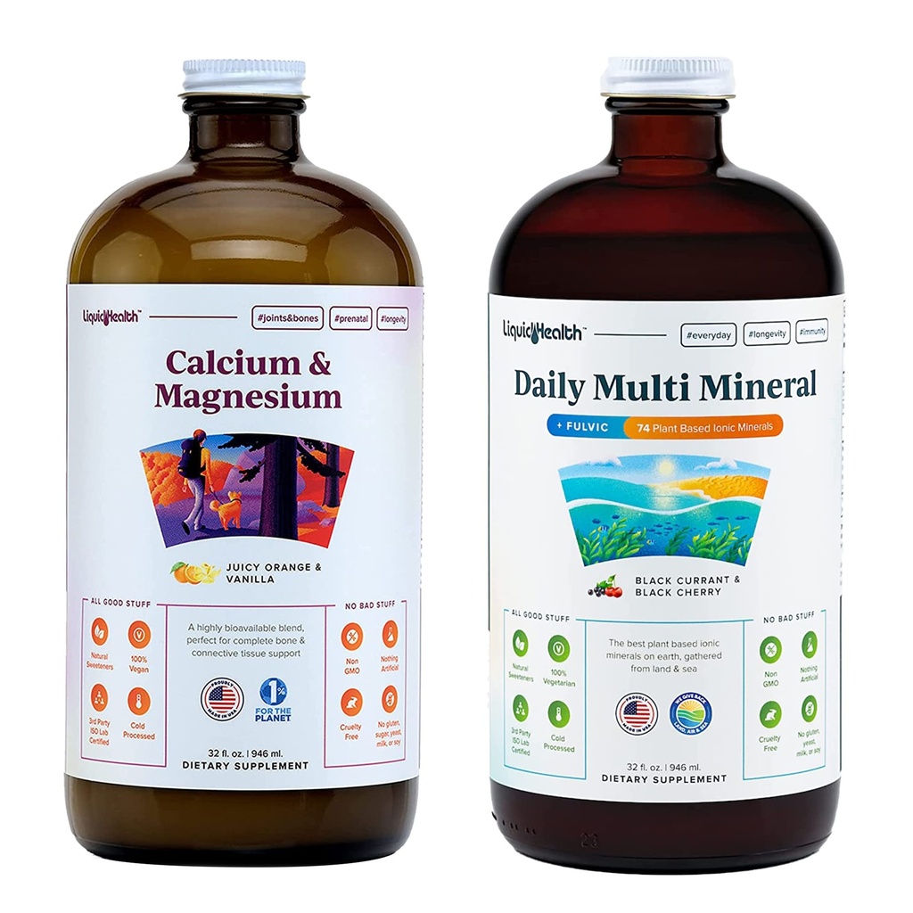 LIQUIDHEALTH Calcium Magnesium ויטמינים & Daily Multi מינרלים נוזל תוספת Bundle למבוגרים - מערכת החיסון, עצמות ותמיכה משותפת, לשפר את הניידות, להגדיל את האנרגיה - טבעוני, non-GMO, ארה"ב עשתה