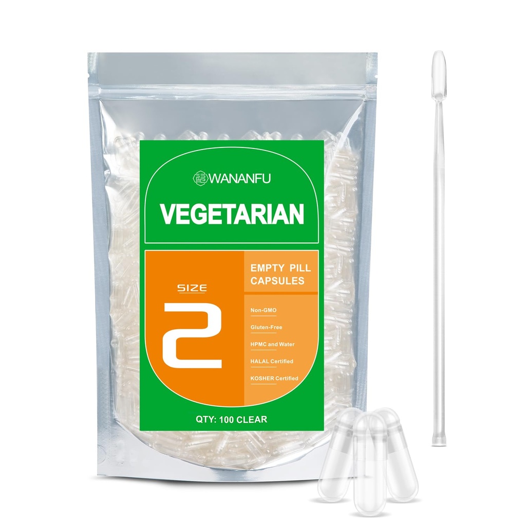 גודל wnanfu Size 2 קפסולות ריקות Vegetarian (100 Count) Bundle עם 2 מיקרו מעבדה Spoons, Clear Fillable Veggie גלולות קפסולות גודל 2 עבור ביצוע תוספי משלך