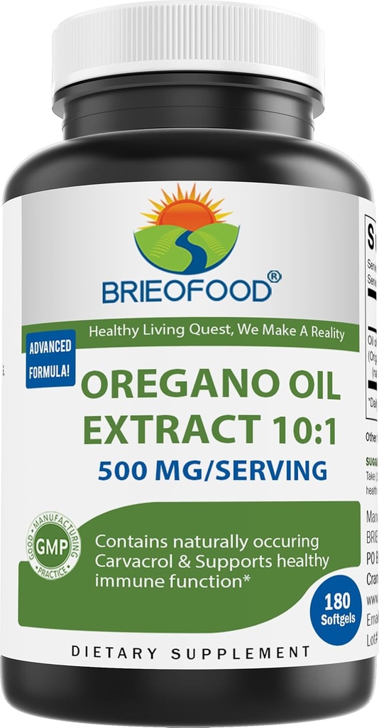 Brieofood Oregano שמן 10:1 לחלץ 500 מ"ג לשרת - מכיל באופן טבעי Occuring Carvacrol - פונקציונלית החיסון בריאה - 180 Softgels