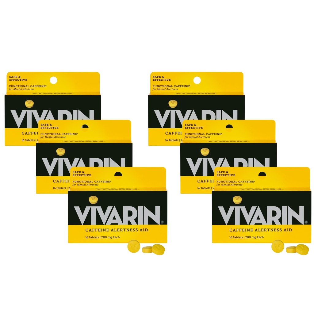 Vivarin, Caffeine Pills, 200mg Caffeine per Dose, בטוח ויעיל לעזור לך להישאר ער, לא סוכר, קלוריות או רכיבים נסתרים, אנרגיה, 16 טבליות (6 Pack)