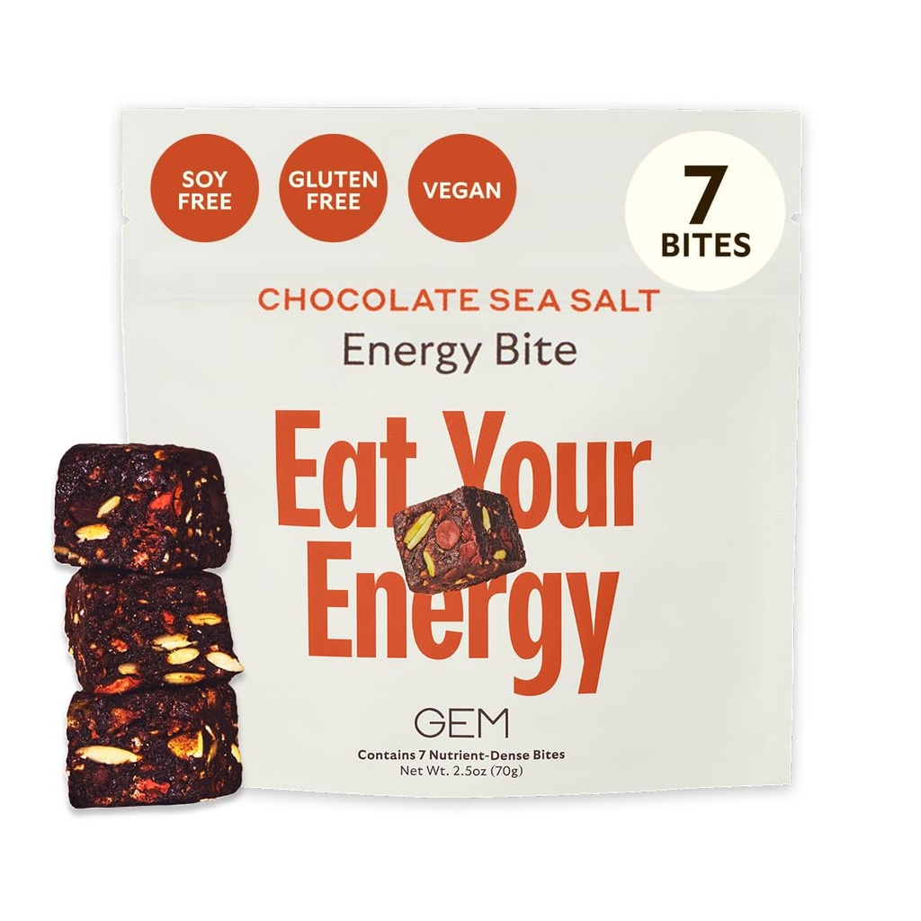 GEM Energy Caffeinated Bite | Holistic Sustained אנרגיה | תמיכה Metabolism, Stamina & Endurance | 40 מ"ג Caffeine, Geneseng Root, L-theanine | שוקולד Cacao Sea Salt