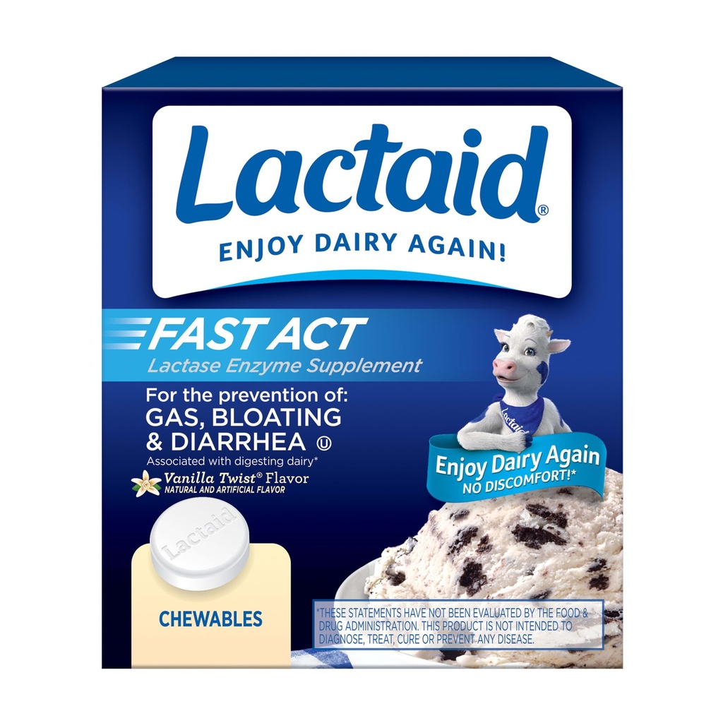 Lactaid Fast Act Lactose Intolerance הקלה צ'ואנס עם טבעי Lactase Enzyme כדי למנוע גז, Bloating & Diarrhea בשל Lactose Sרגישות, On-the-Go, Vanilla Twist Flavor, 60 x 1 ct