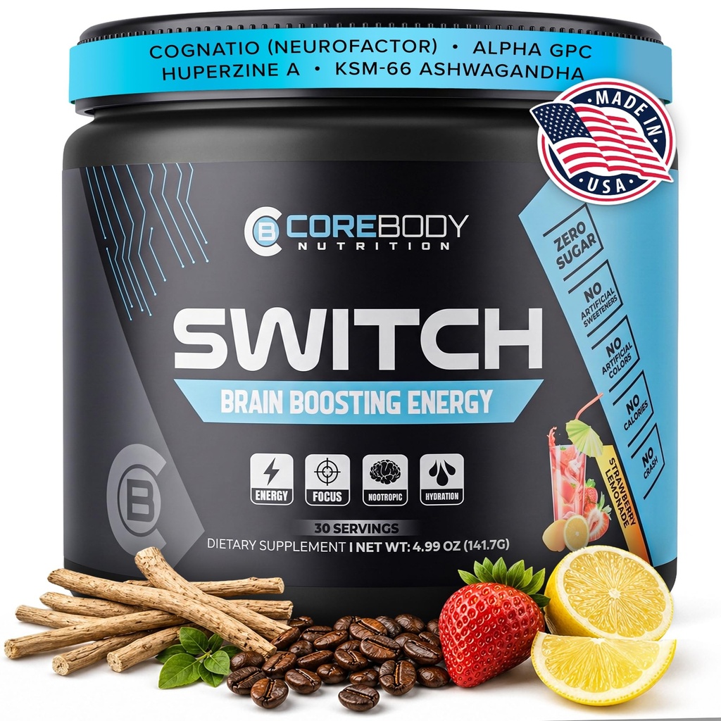 Switch, Brain Boosting Nootropic אנרגיה תוספת אבקה - מיוצר בארה"ב - Alpha GPC, NALT, Ashwagandha, סוכר חינם אנרגיה, Keto, להגדיל את המיקוד המנטלי ואת התפקוד הקוגניטיבי, שיפורים Mood & Memory