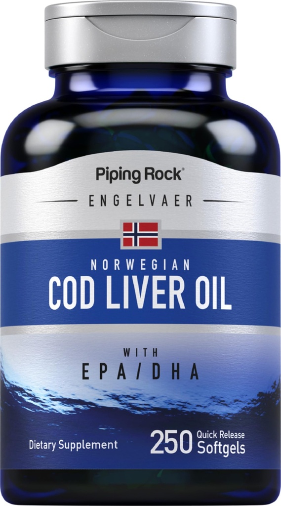 Piping Rock Cod Liver Oil Softgels | 250 Count | עם EPA DHA | אנג'לנדר נורבגי | Non-GMO, Gluten Free Supplement