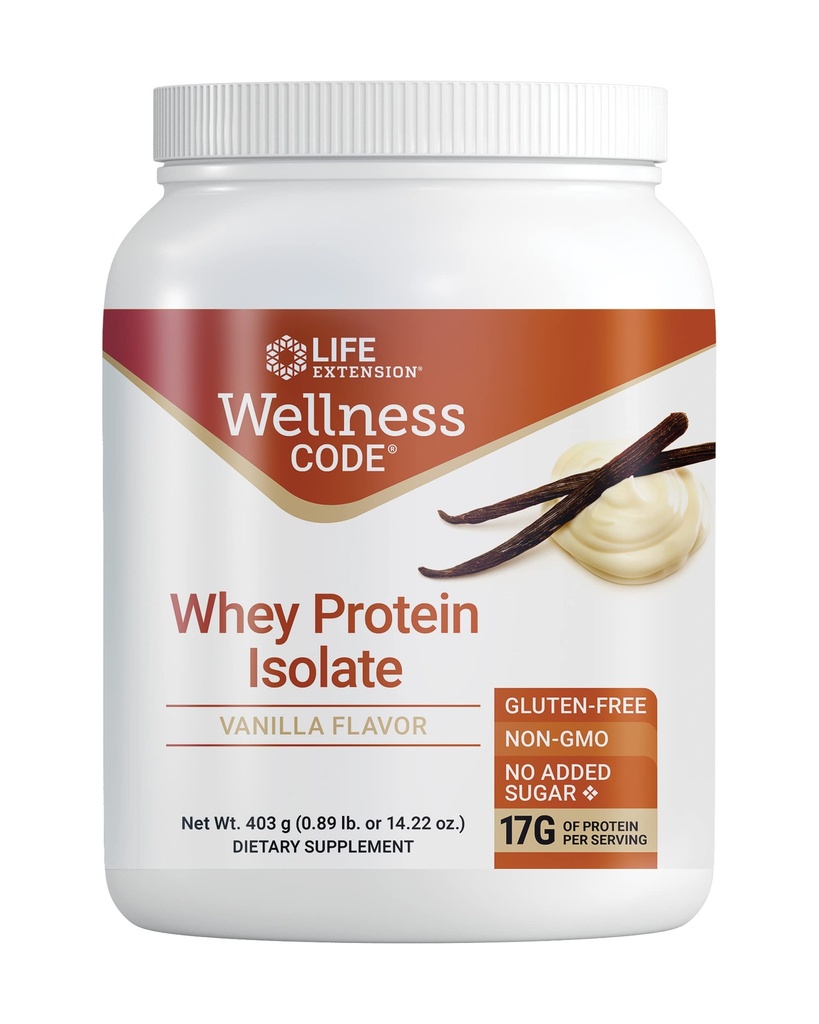 Life Extension Wellness Code® Whey Protein Isolate (Vanilla), חלבונים וחומצות צ'סטין Amino עבור שריר צמיחה ובריאות החיסון, לא תוספת סוכר, Gluten Free, non-GMO, 403 גרמות (20 משרתות)