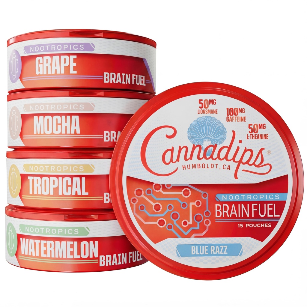 Cannadips - Brain Fuel Variety Pack - Nootropic Caffeine Pouches - 50mg Lion's Mane, 100 מ"ג Caffeine, 50 מ"ג L-theanine, No Sugar - דלק אנרגיה נקייה לביצועים קוגניטיביים, המיוצר בארה"ב (5-PACK)