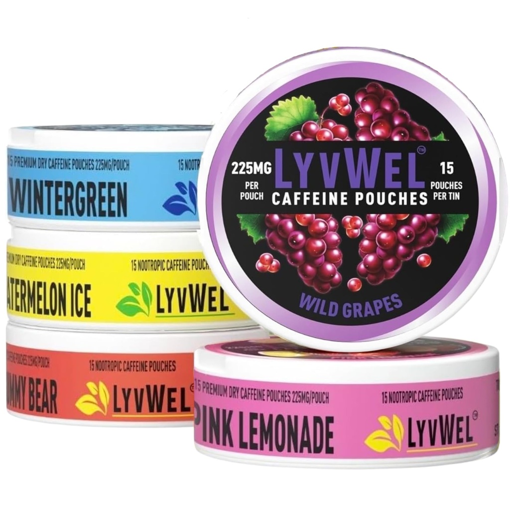 LyvWel 225 מ"ג Caffeine Energy Pouches | Nootropic Focus & Neuro Support | Tobacco-Free, Nicotine-Free, Quick Energy Solution
