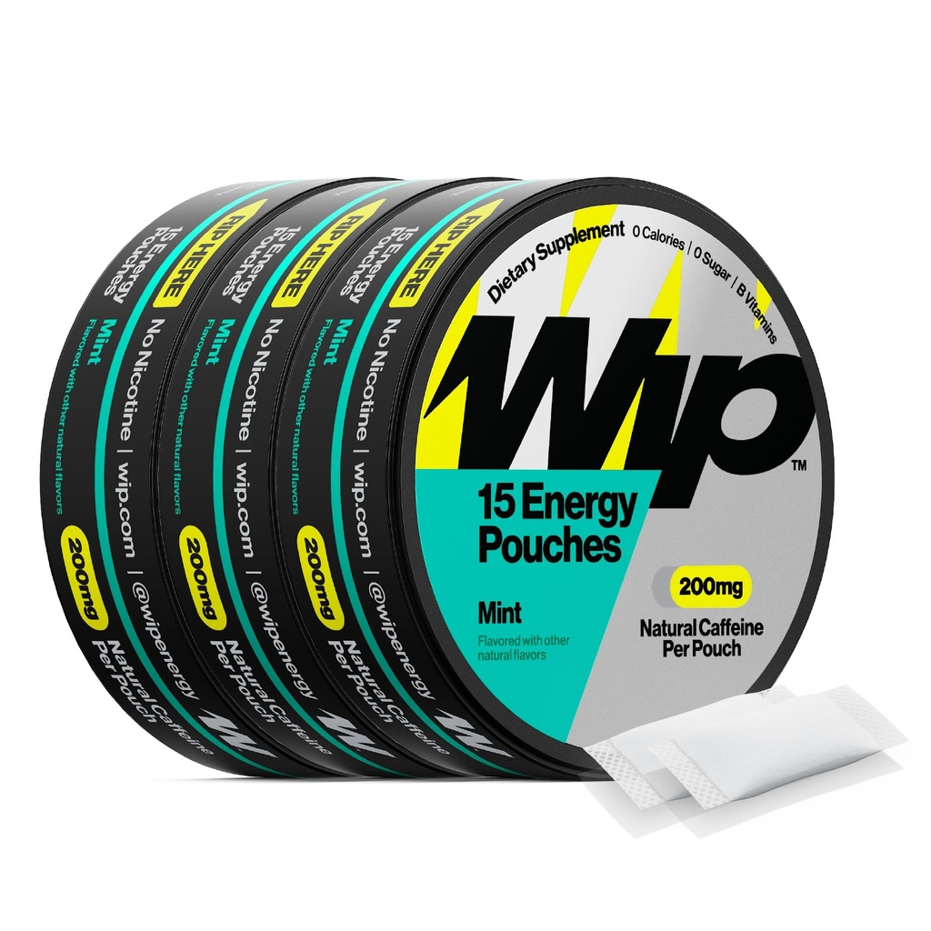 Wip Energy Pouches, סוכר חופשי תערובת עם 200 MG Natural Caffeine, B ויטמינים, מינרלים L האננין לתמיכה באנרגיה, Pre Workout for Active Lifestyles, Mint, 3 Cans, 15 Pouches לכל יכול