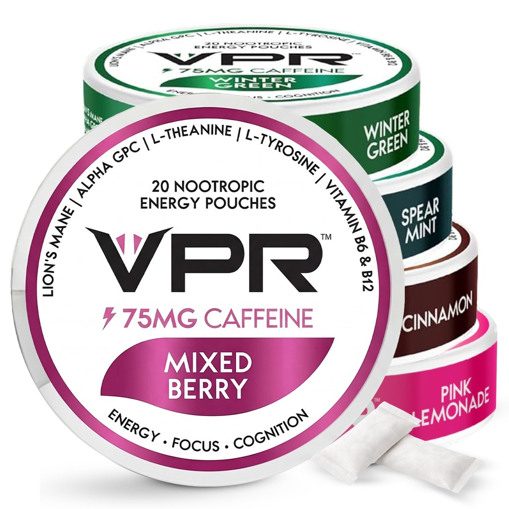 VPR 75 מ"ג Caffeine nootropic Pouches | 20 Count Energy Pouches with Lion's Mane, Alpha-GPC, ויטמין B6 & B12, L-theanine, ו- L-Tyrosine | באופן טבעי פלבדור פוז עם No Sugar