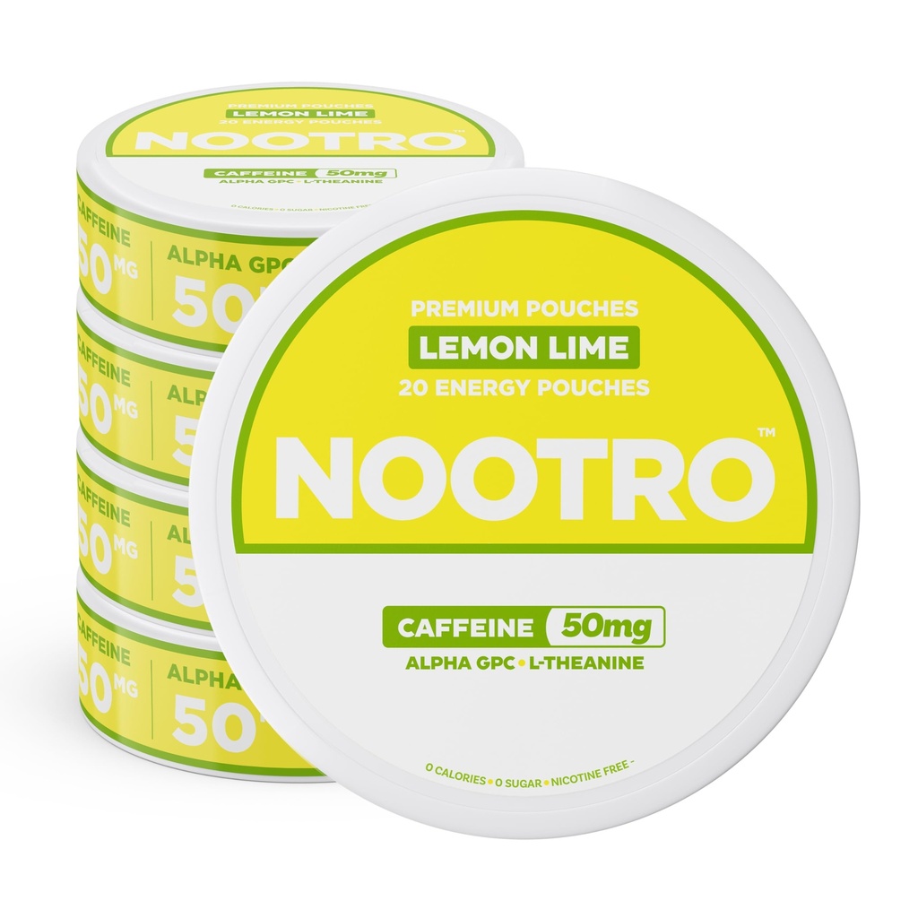 Nootro Caffeine Nootropic Pouches (Lemon Lime) - אנרגיה Pouches עם 50 מ"ג Caffeine, 50 מ"ג אלפא GPC, 50 מ"ג L-theanine עם No Sugar וללא קלוריות - 20 Pouches Per Can - 5 Pack