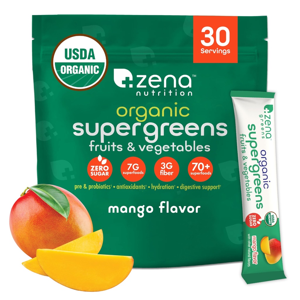 Zena Nutrition אורגני Super Greens אבקת, 70+ Superfoods, 0 סוכר, 3G סיבים, Spirulina, Chlorella, Mushrooms, Prebiotics / Probiotics, Digestive Enzymes for Gut Health, מנגו, 30 משקאות Mixets
