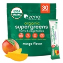 Zena Nutrition אורגני Super Greens אבקת, 70+ Superfoods, 0 סוכר, 3G סיבים, Spirulina, Chlorella, Mushrooms, Prebiotics / Probiotics, Digestive Enzymes for Gut Health, מנגו, 30 משקאות Mixets