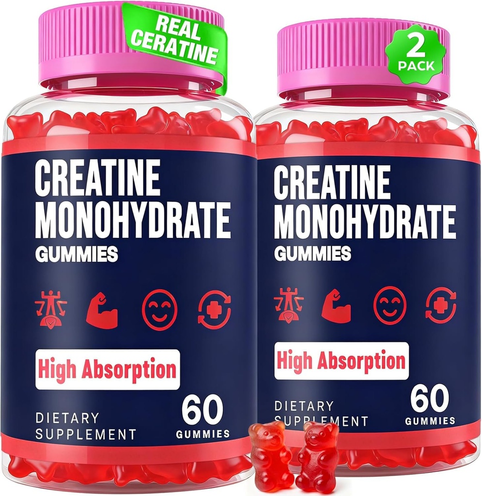 Creatine Monohydrate חניכיים עבור נשים וגברים, טאורין & B6, Chewable Creatina Pre Workout חניכיים עבור Max כוח וצמיחה שרירים, אנרגיה, אנדורנס, קריטין עבור גברים ונשים - 2 בקבוקים