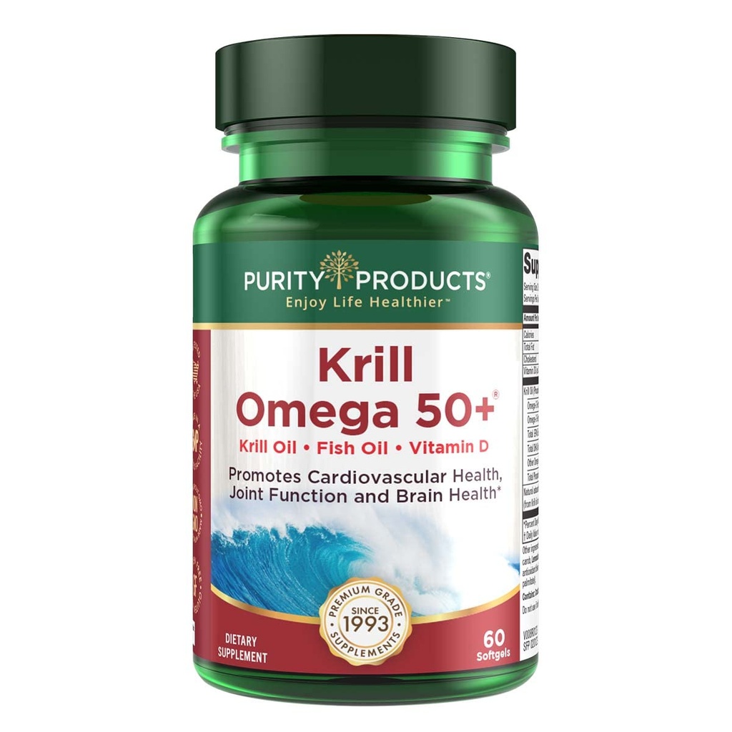 מוצרי Purity קריל אומגה 50 (Krill + Fish Oil בלגן 1000mg + Astaxanthin 500mcg + Phospholipids 200 מ"ג + ויטמין D 500 IU) - 60 מיני Softgels