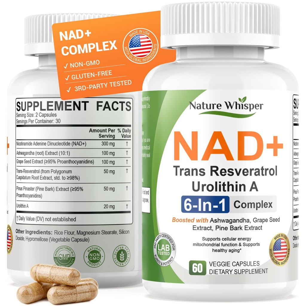 Nature Whisper® NAD+ Supplement 620mg | 6-in-1 Complex with Resveratrol, Ashwagandha & Urolithin A - Daily Energy Stack for Focus, Brain Fog & Healthy Aging - 60 Capsules