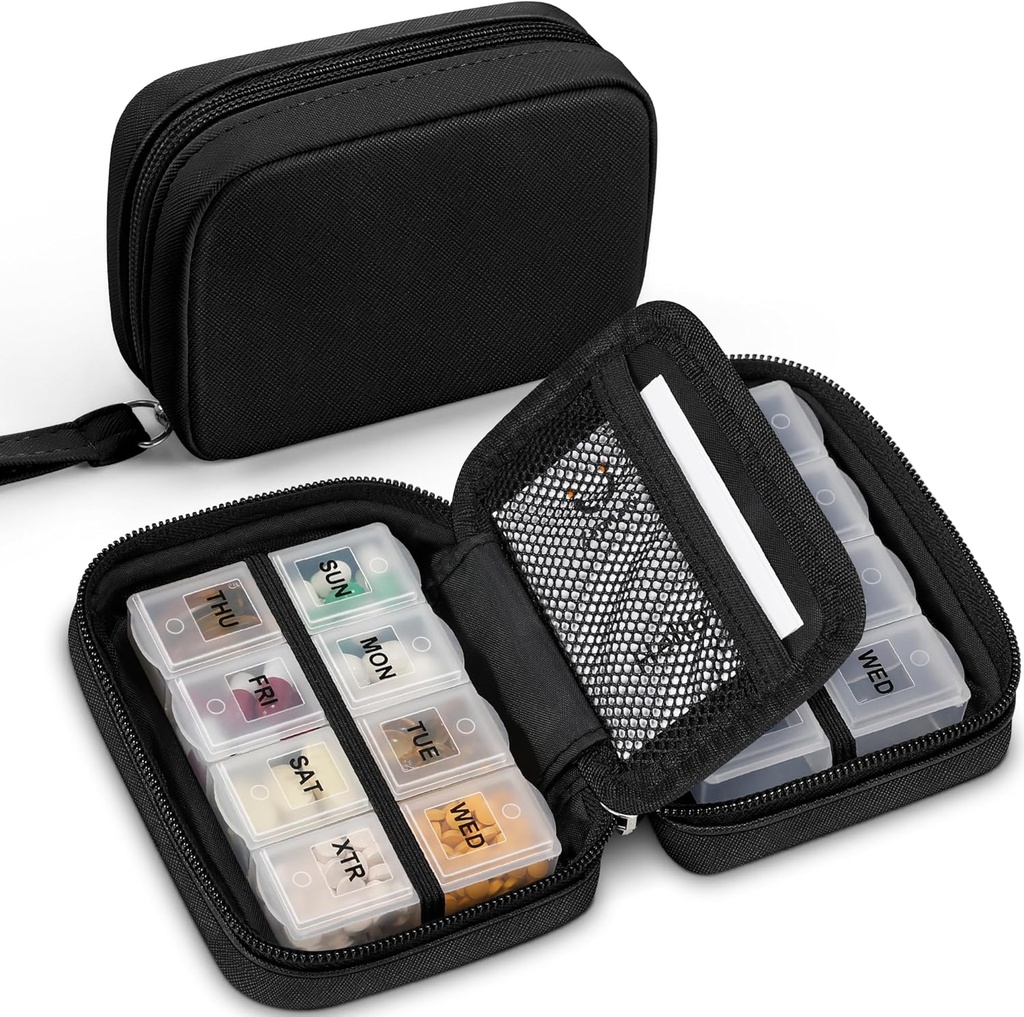 Zannaki Sweet Pill Organer for Purse with Two Removable 7-Day Pill Box, Travel PU Skin Pill Case, Portable Weekly Pill Container with Storage Bag to Hold הויטמינים, שמן דגים, תוספים (Black)