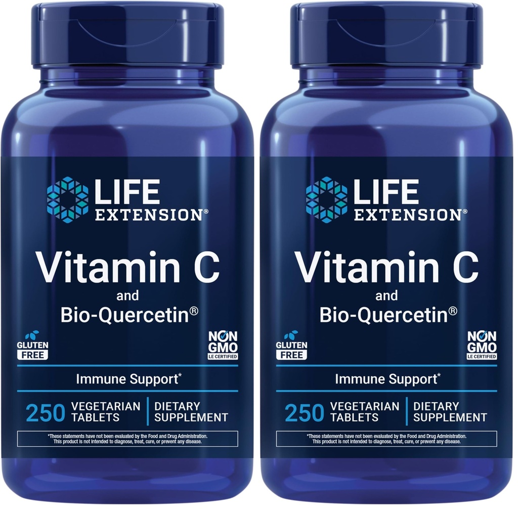 Life Extension ויטמין C ו- Bio-Quercetin®,Cardiovascular Health Supplement, Immune Support, Highlyספוג,quercetin,Vitamin C,Gluten Free, Non-GMO,Vegetarian, 250 טבליות,(Pack of 2)