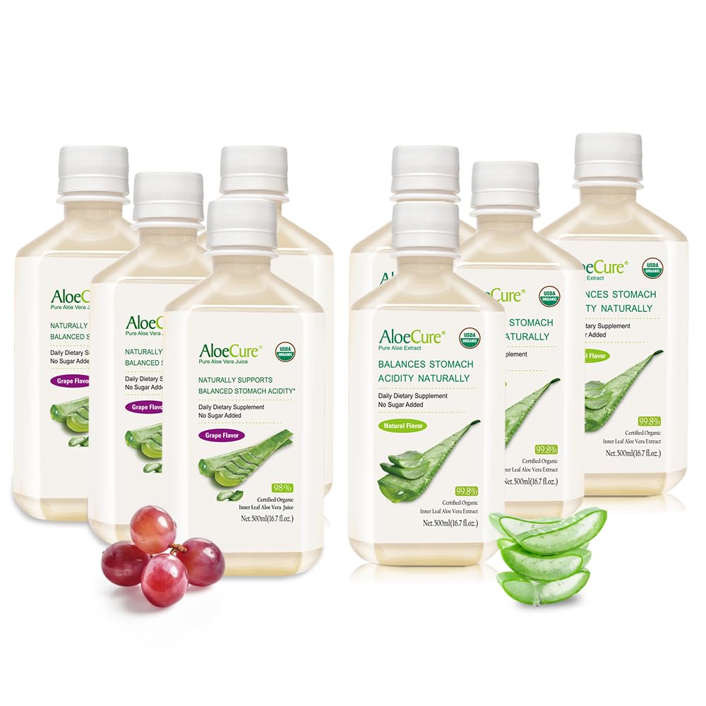 AloeCure אורגני Aloe Vera Juice - 8 Bottle Sample Pack - Grape and Natural Flavor, 8x500 מ"ל