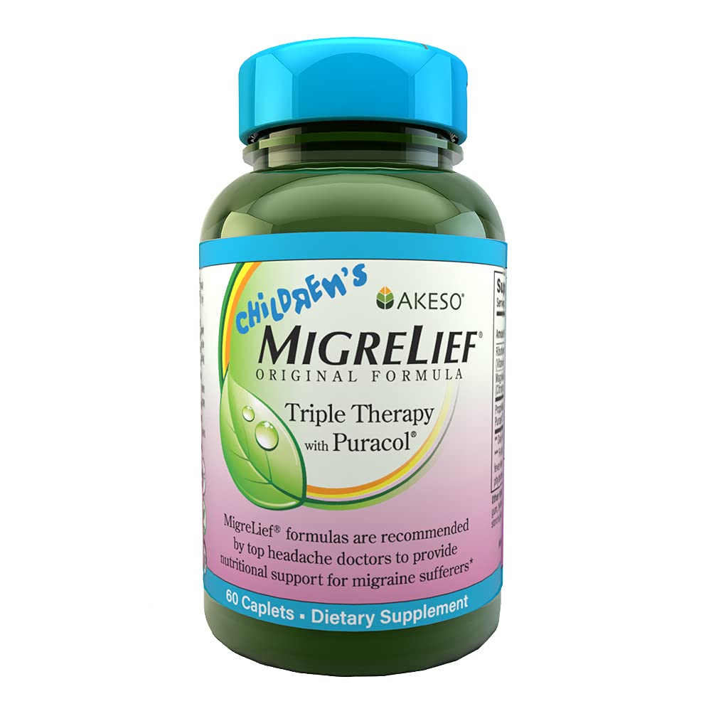 MigreLief® לילדים - טיפול משולש עם PuracolTM - תמיכה תזונתית עבור רופאי ילדים Migraine Sufferers - 60 Caplets/1 חודש אספקה