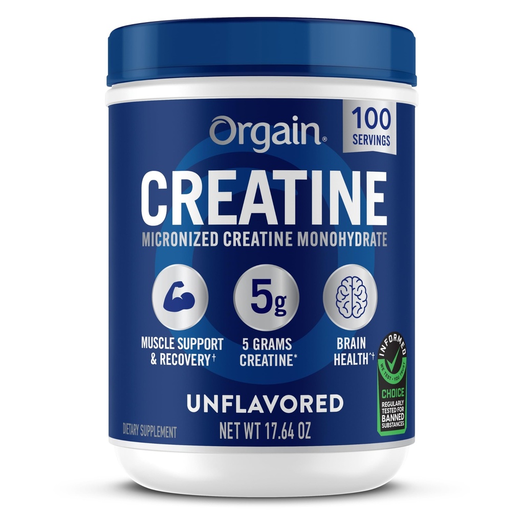 Orgain Creatine Monohydrate אבקת Micronized, 100 משרתים, Unflavored, תומך צמיחה שרירים, Post Workout Recovery and Brain Health, No Artificial Additives, for Men & Women (Packaging May Vary)
