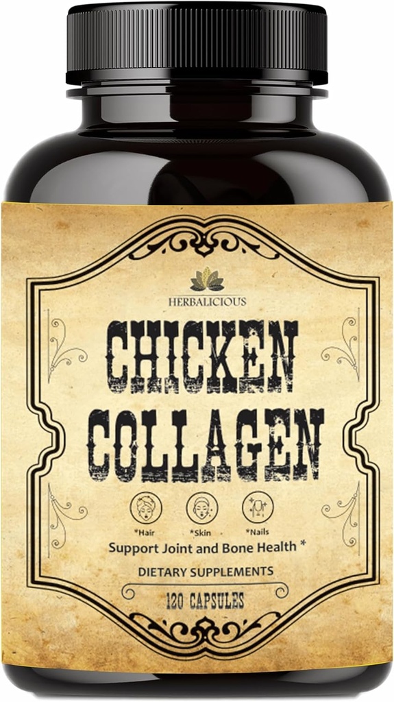 HerBALICIOUS Chicken Collagen קפסולות - תוספת קולג'ן עבור תמיכה משותפת, עור ועצמות - hydrolyzed Collagen Peptides של עוף ברד - Non-GMO, Anti-Aging - 120 קפסולות