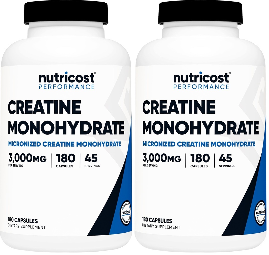 Nutricost Creatine Monohydrate 3,000 מ"ג, 180 קפסולות (750 מ"ג פר קפסולה) - Gluten Free, non-GMO (Pack of 2)
