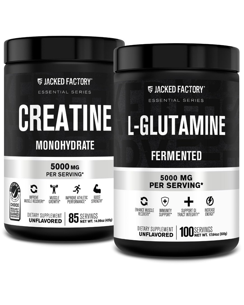 Jacked Factory Creatine Monohydrate אבקת 425g, 85 SV & L-Glutamine תוספת 500g, 100 SV - No Artficial Fillers, Unflavored