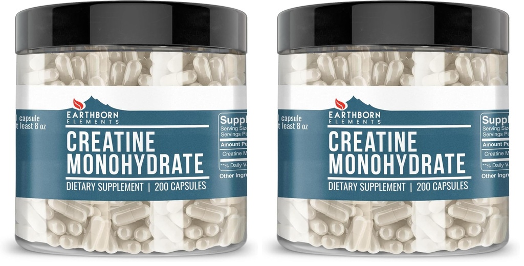 Earthborn Elements Creatine Monohydrate 200 קפסולות, Pure & Undiluted, No Additives (Pack of 2)