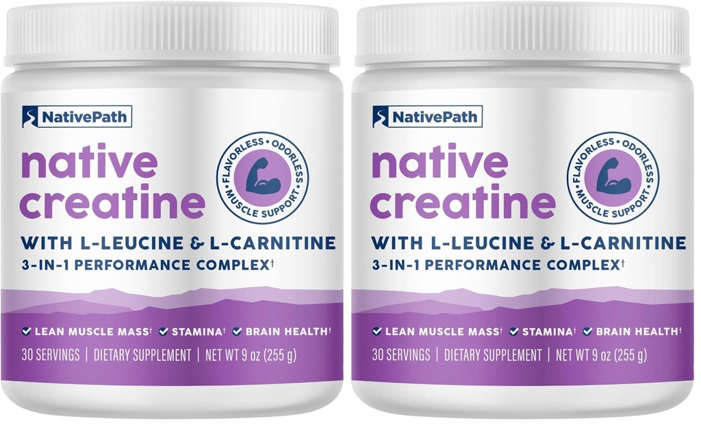 NativePath Creatine Monohydrate אבקה עם L-Leucine & L-Carnitine - תוספת בניית שרירים לגברים ונשים - 30 משרתים (Pack of 2)