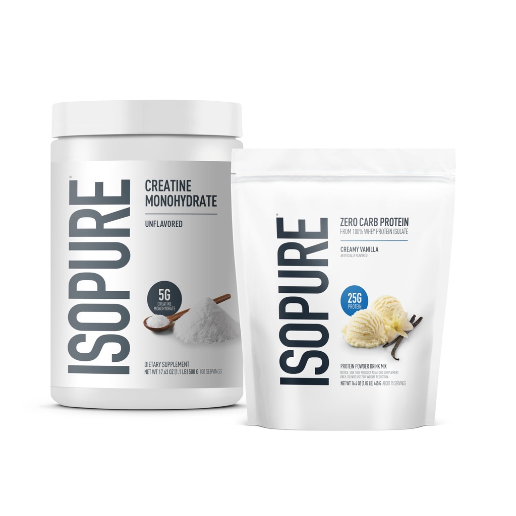Isopure Bundle של Zero Carb 100% אבקת חלבון טהור Whey Isolate, Creamy Vanilla, 25g חלבון Per משרת, 1 Lb, 14 משרתות + Isopure 100% טהור אבקת Monohydrate אלומיניום, 100 משרתים