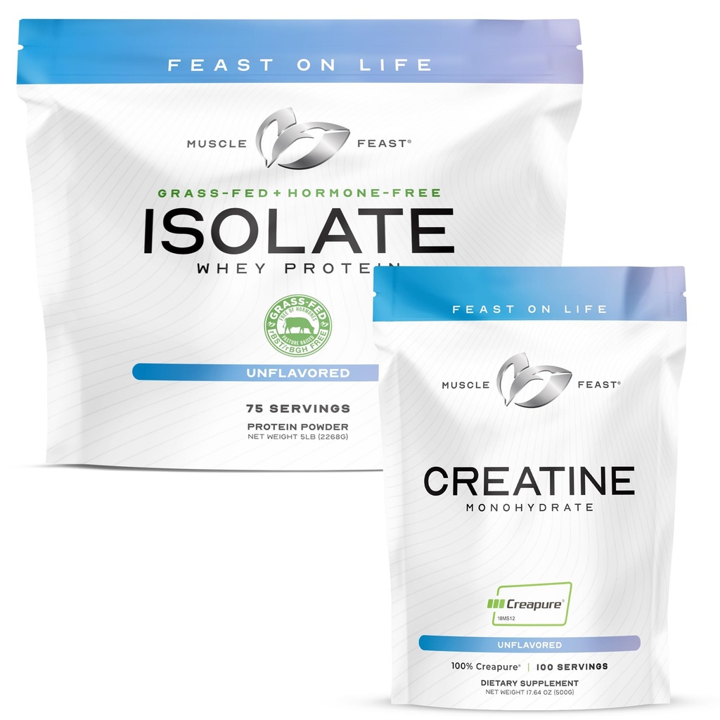 שריר Feast Creapure Creatine Monohydrate - Unflavored 500g (x1) ו Isolate אבקת חלבון Whey - Unflavored 5lb (x1) - התאוששות שרירים וביצוע Bundlele