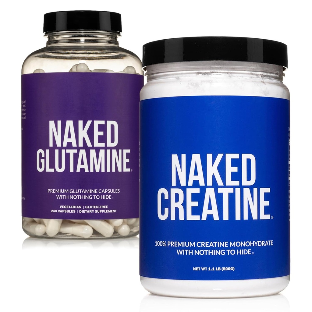 NAKED Pure Micronized Creatine Monohydrate 100 משרתים + טהור L-Glutamine 240 קפסולות Bundle: טבעוני, non-GMO, Gluten Free. Minimize שריר פורץ לאחור ושיפור סינתזה חלבונים. שום דבר מלאכותי