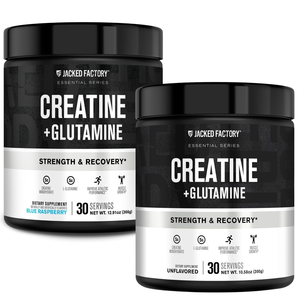 Jacked Factory Creatine + Glutamine - תוסף Creatine עם L-Glutamine עבור שריר התאוששות, צמיחה, כוח מוגברת (30 משרתים, Unflavored & 30 משרתים, Blue Raspberry)