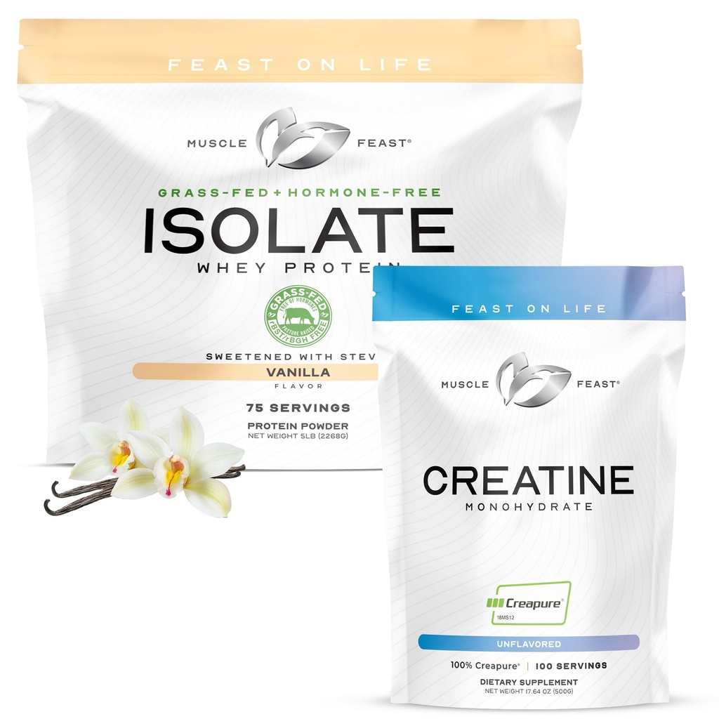 שריר Feast Bundle - Creapure Creatine Monohydrate אבקת Unflavored 500g (1 יחידה) + Grass-Fed Whey חלבונים Isolate Vanilla 5lb (1 יחידה), All Natural הורמון חופשי חרטה גדל