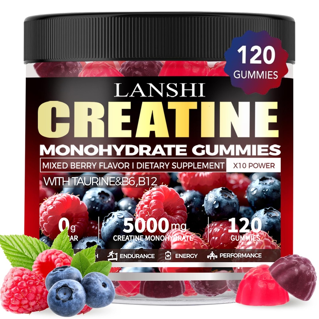 Creatine Monohydrate Gummies 5000 מ"ג - סוכר חינם תוספת עבודה עבור גברים ונשים, קריטין חניכיים עבור שריר, כוח, התאוששות, בריאות קוגניטיבית וזיכרון, מעורב ברי פלפור, 120 הרוזן