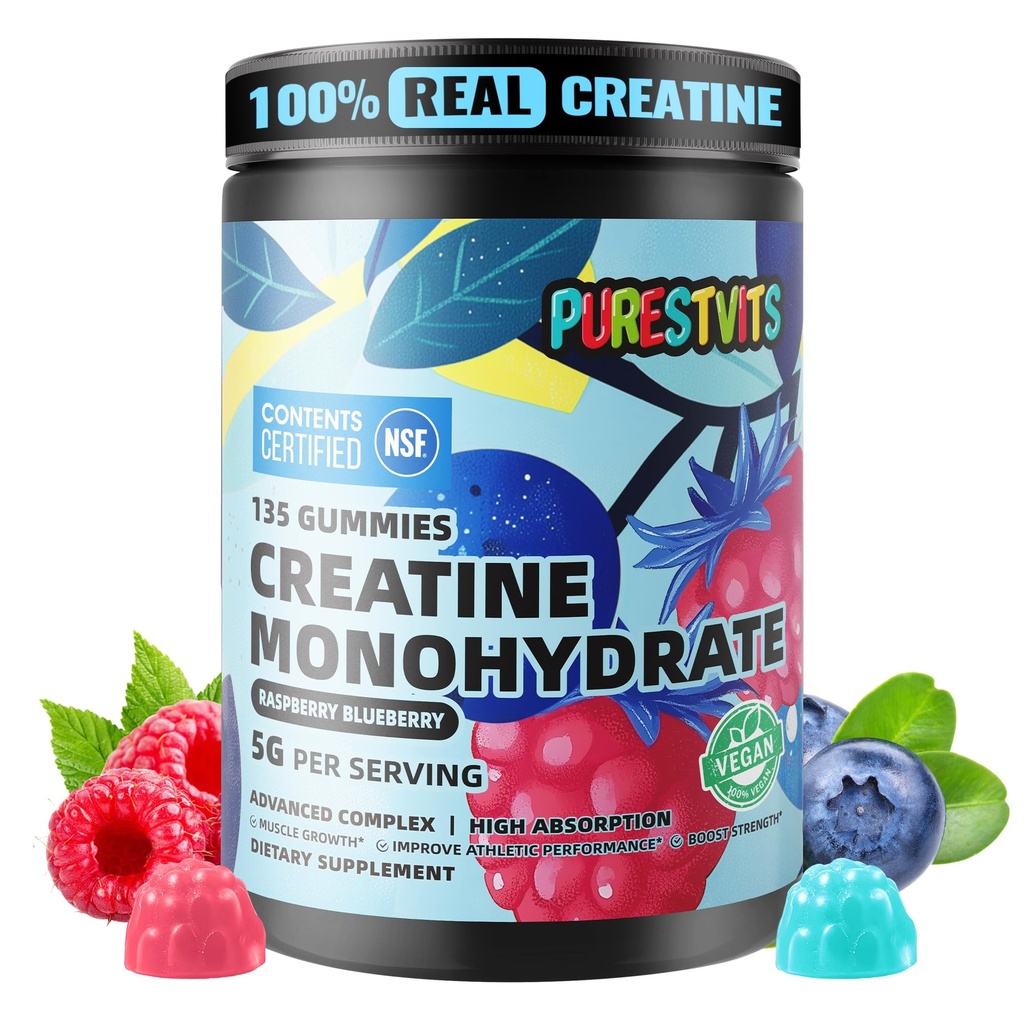 NSF מוסמך Creatine Gummy 5g - Creatine Monohydrate חניכיים - תמיכה טרום עבודה אנרגיה ושרירים עבור גברים ונשים | Blueberry אלקטרוליטה חניכיים (135 הרוזן)
