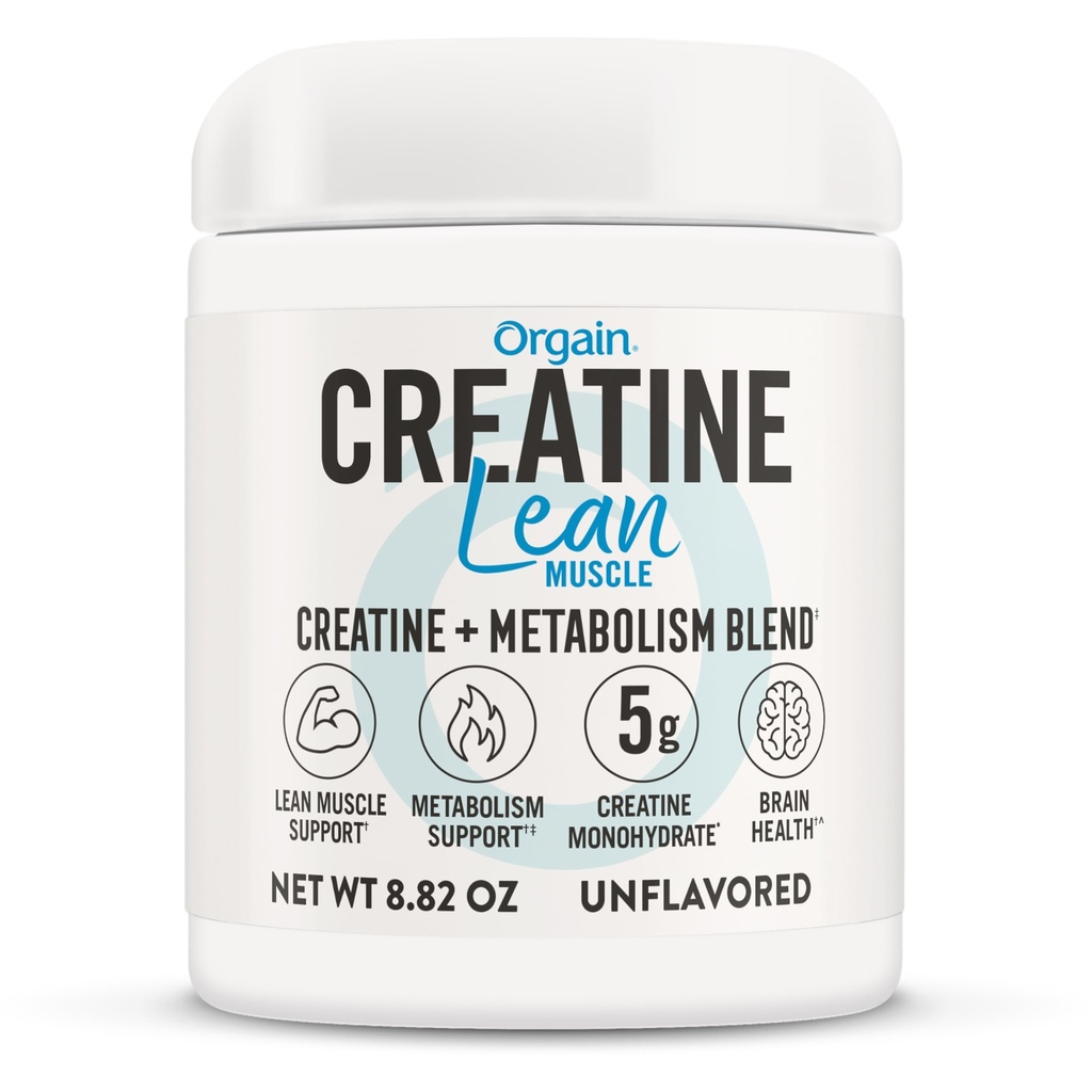 Orgain Micronized Creatine Monohydrate Lean אבקת שריר עם פלטפורמת Metabolism, Unflavored, 50 משרתים, תומך כוח שרירים ובריאות המוח, ללא חלב או סויה, Gluten חינם, טבעוני